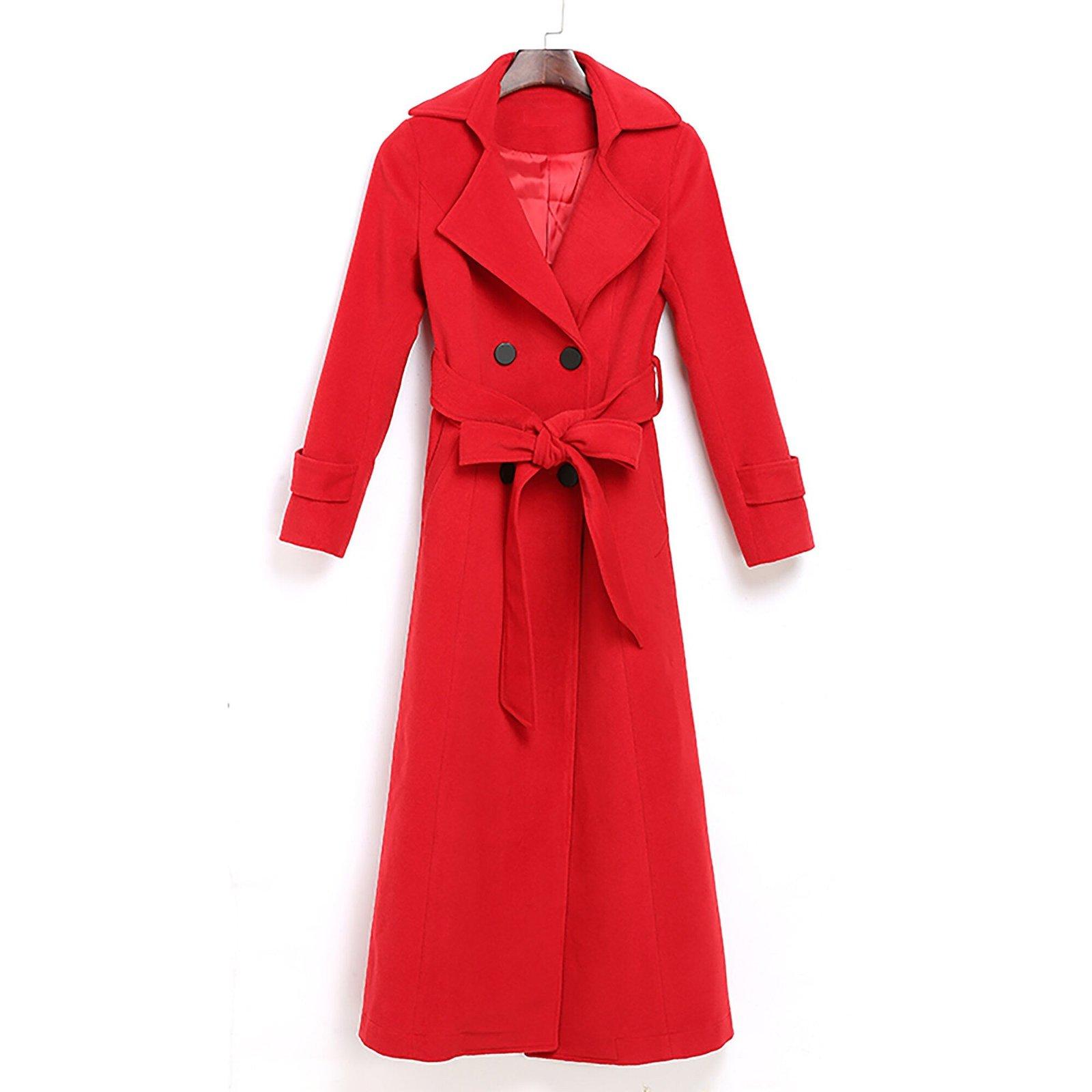 Red Double Breasted Belted Long Wool Blend Coat Xs Red Double Breasted Belted Long Wool Blend Coat Xs