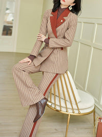 Striped Wool Blend Belted Blazer & Flare Pants Vivian Seven