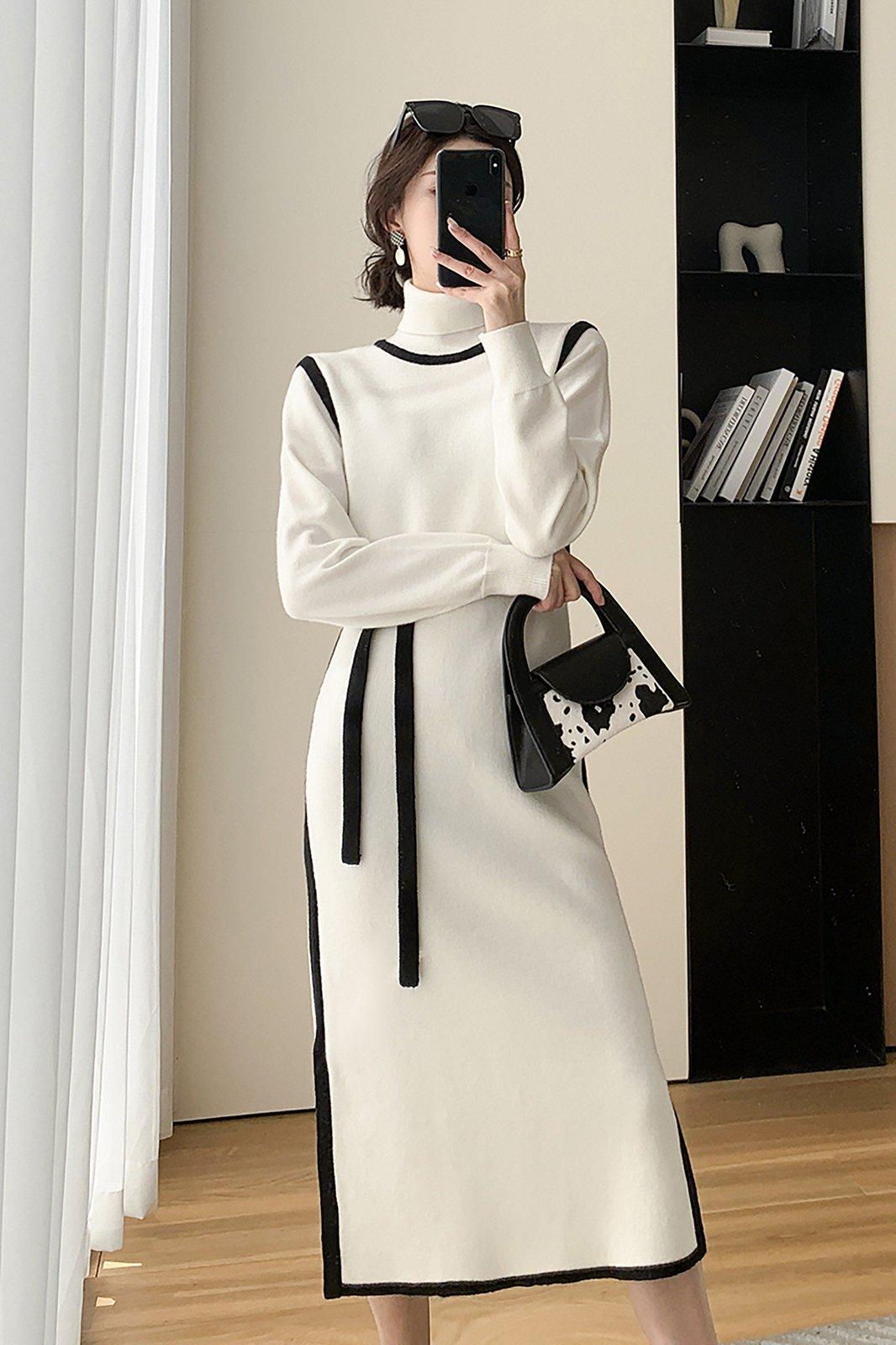 White Elastic Knit Mock Neck Midi Sweater Dress Vivian Seven