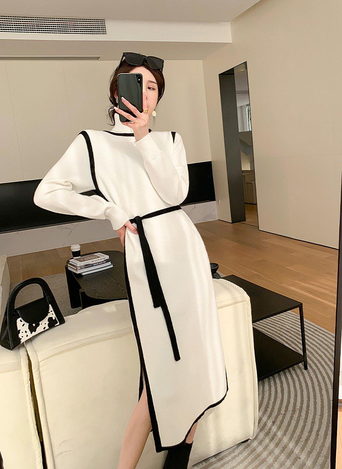 white midi sweater dress White Elastic Knit Mock Neck Midi Sweater Dress – Vivian Seven