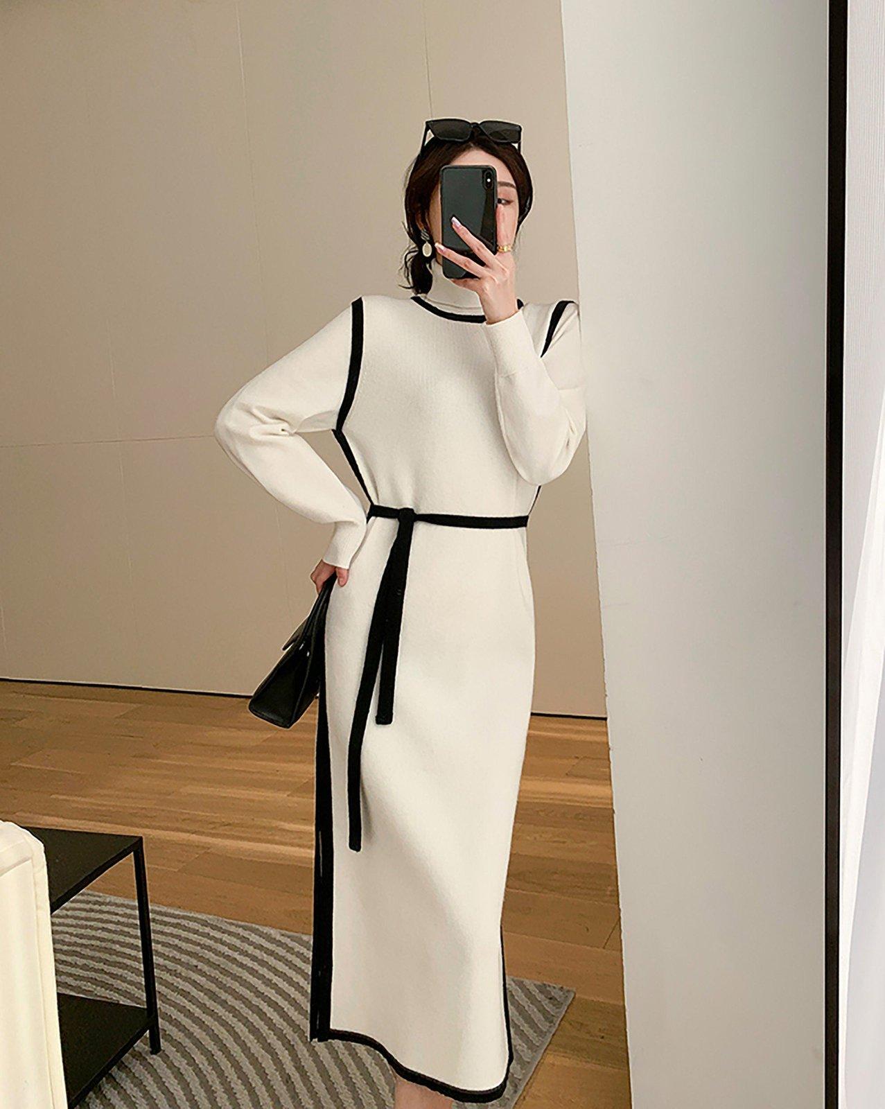 White Elastic Knit Mock Neck Midi Sweater Dress L White Elastic Knit Mock Neck Midi Sweater Dress L