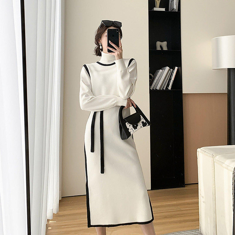White Elastic Knit Mock Neck Midi Sweater Dress Vivian Seven White Elastic Knit Mock Neck Midi Sweater Dress Vivian Seven