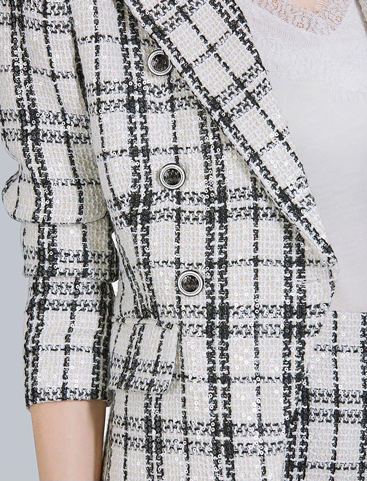 Classic Plaid Notch Blazer & Asymmetric Mini Skirt Suit Set Vivian Seven