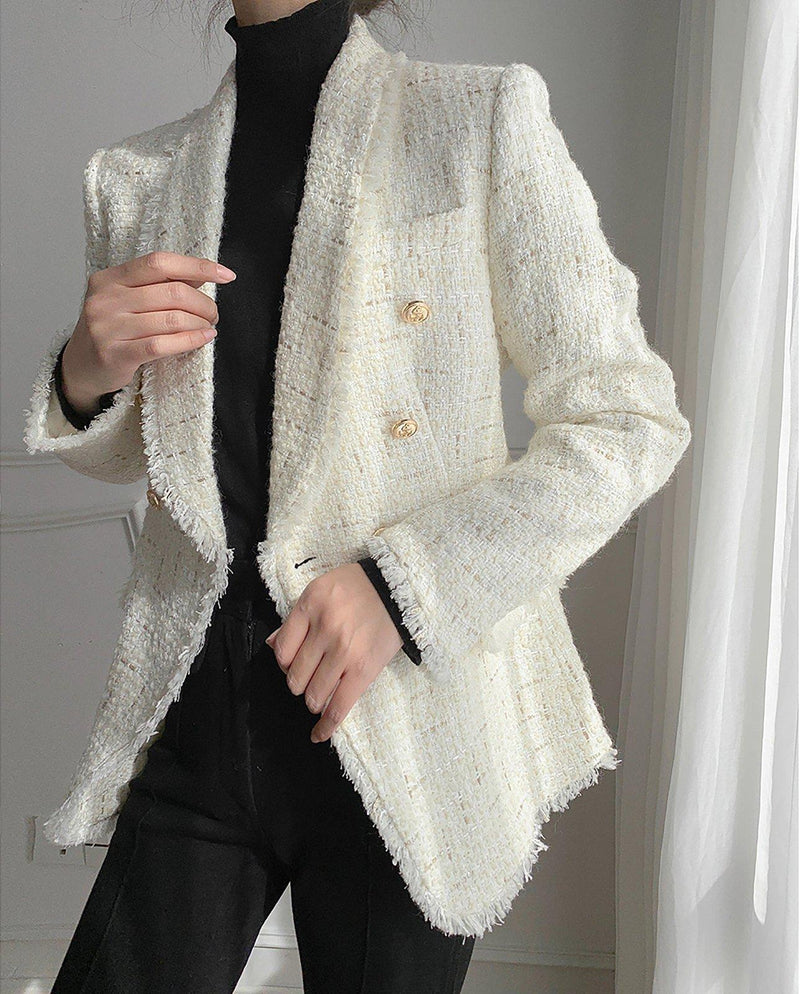 Women Tweed Blazer jacket,White Fitted Tweed Jacket,Black Tweed Blazer –  Vivian Seven