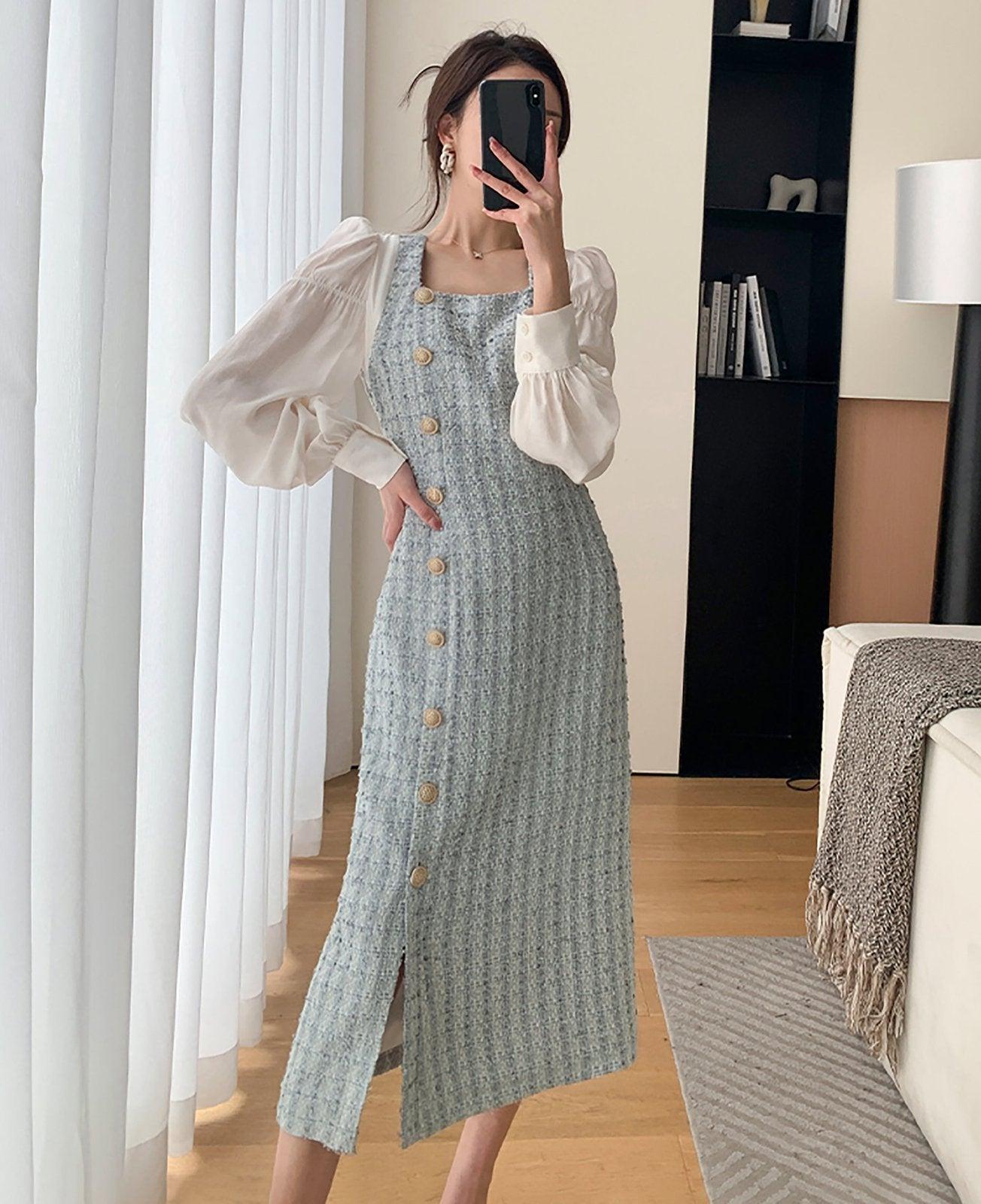 LIXINGHEITANG Thicken Lined Knitted Dress Patchwork Fake 2 Piece Dresses  Korean Winter Sweater Knee-Length Knitwear Robe s1 Blue Thicken XS at  Amazon Women's Clothing store