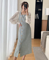 Patchwork Puff Sleeve Single Breasted Tweed Midi Dress Vivian Seven
