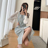 Patchwork Puff Sleeve Single Breasted Tweed Midi Dress Vivian Seven