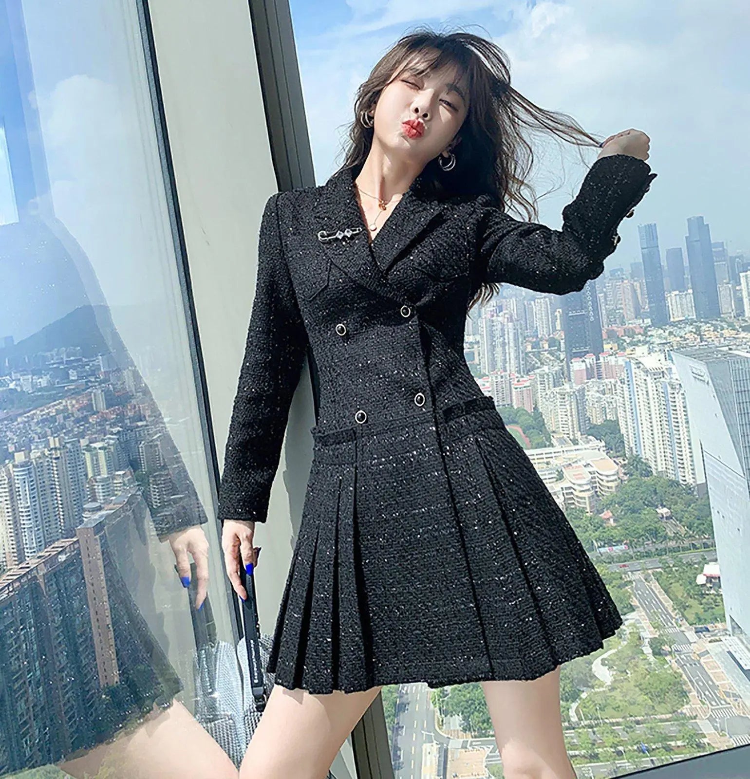 Belted Fit & Flare Tweed Mini Blazer Pleated Dress | Vivian Seven S / Black Belted Fit & Flare Tweed Mini Blazer Pleated Dress | Vivian Seven S / Black