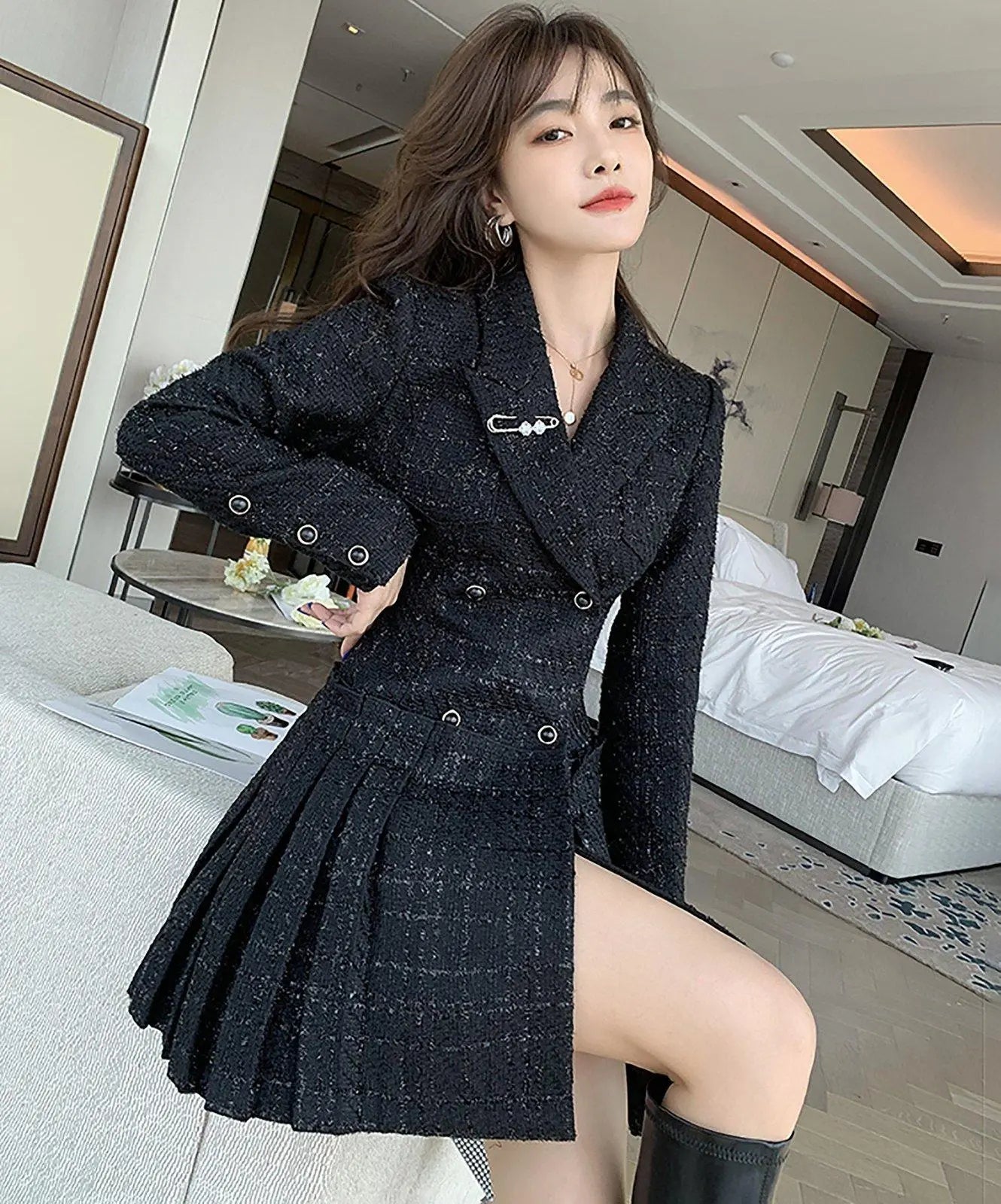 Belted Fit & Flare Tweed Mini Blazer Pleated Dress | Vivian Seven M / Pink Belted Fit & Flare Tweed Mini Blazer Pleated Dress | Vivian Seven M / Pink