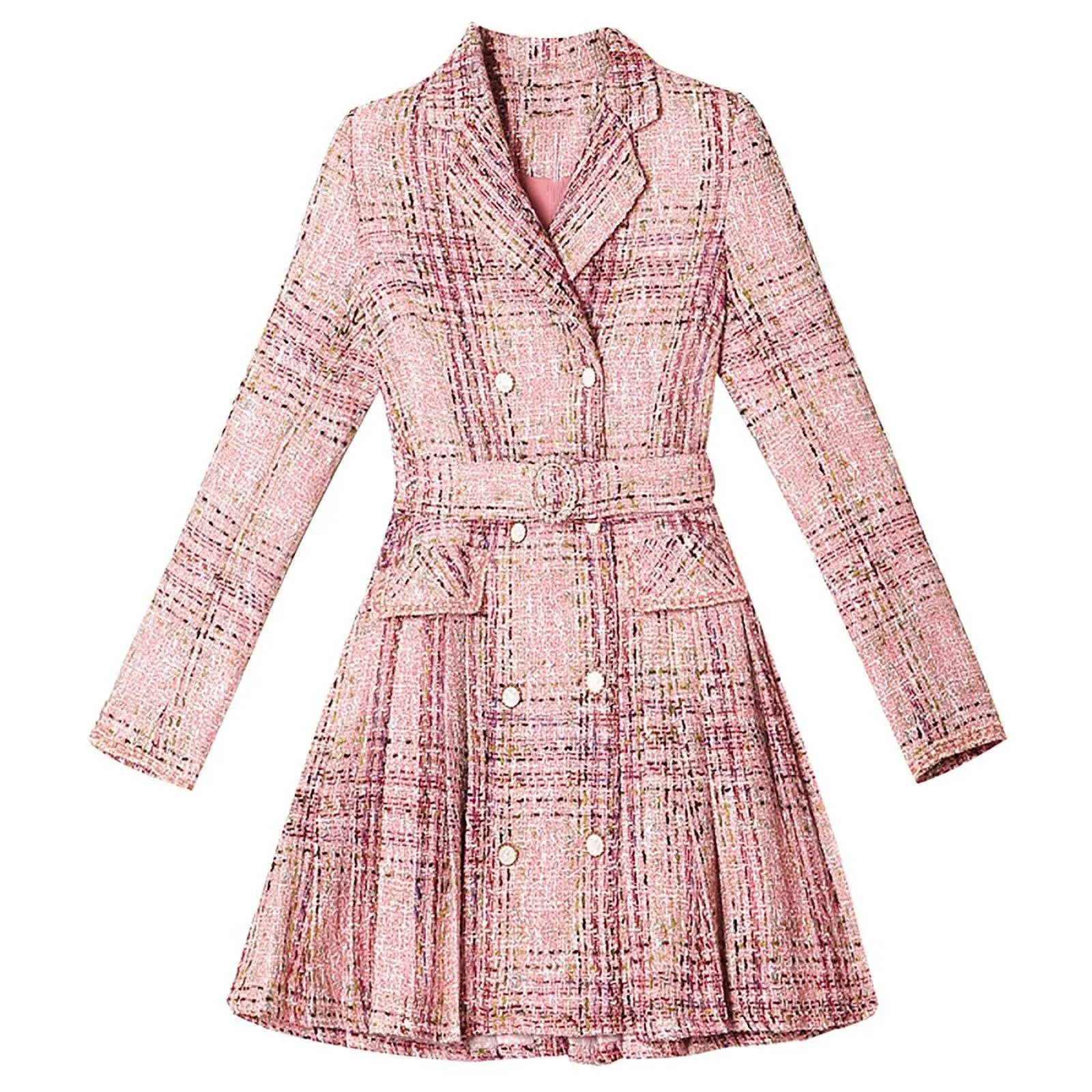Belted Fit & Flare Tweed Mini Blazer Pleated Dress | Vivian Seven M / Pink Belted Fit & Flare Tweed Mini Blazer Pleated Dress | Vivian Seven M / Pink