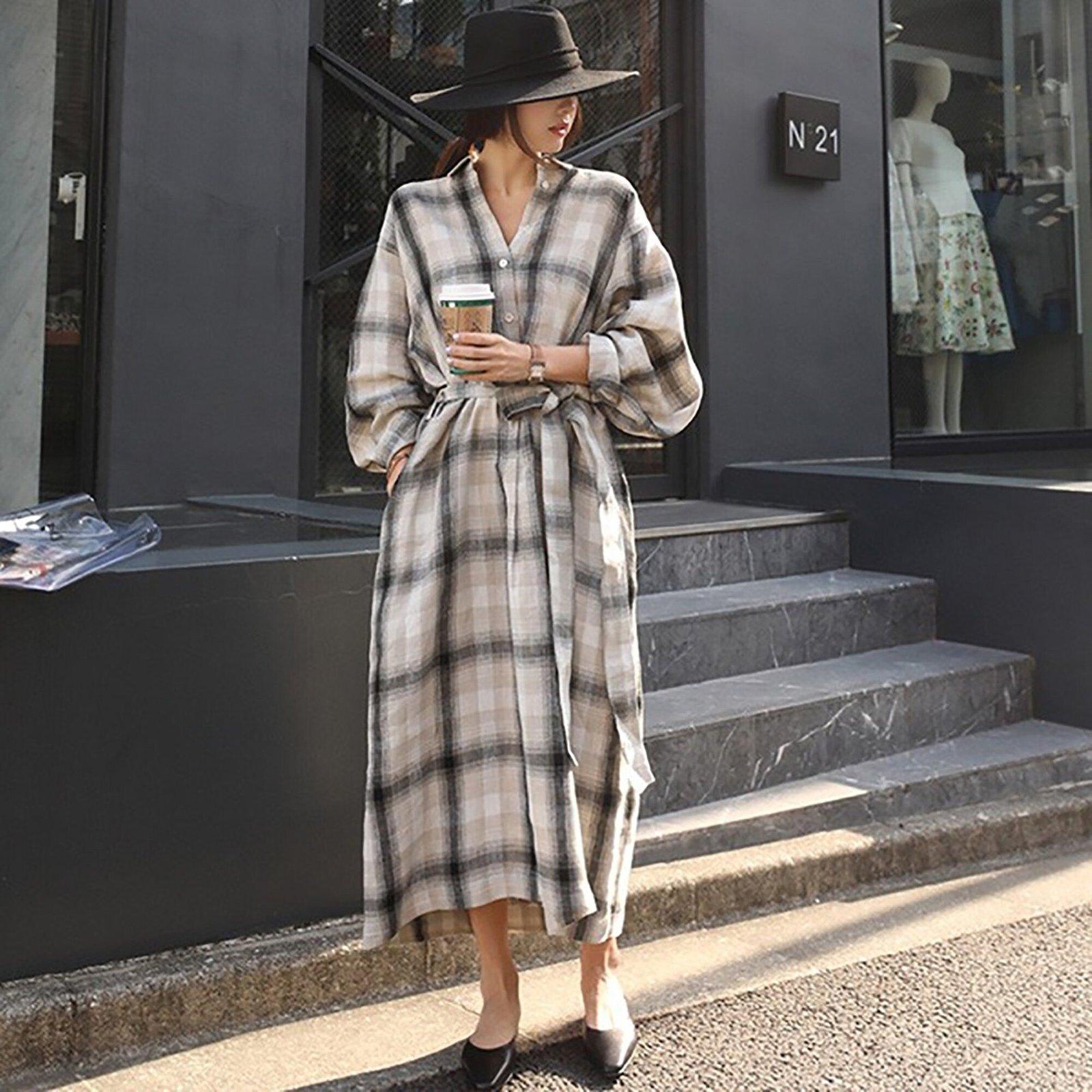 Linen Check Pattern Waist Sash Relaxed Maxi Shirtdress