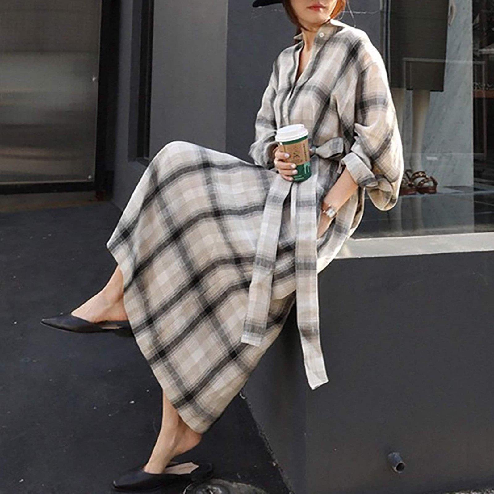 grey check linen dress with sleeves Zips Embellished Greige Check Linen Dress L