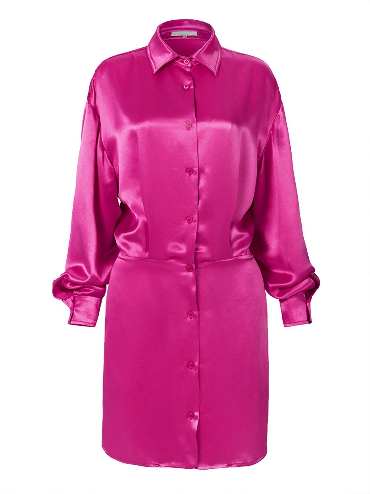 pink silk shirt dress Button Down Long Sleeve Shirt Dress (Solid)