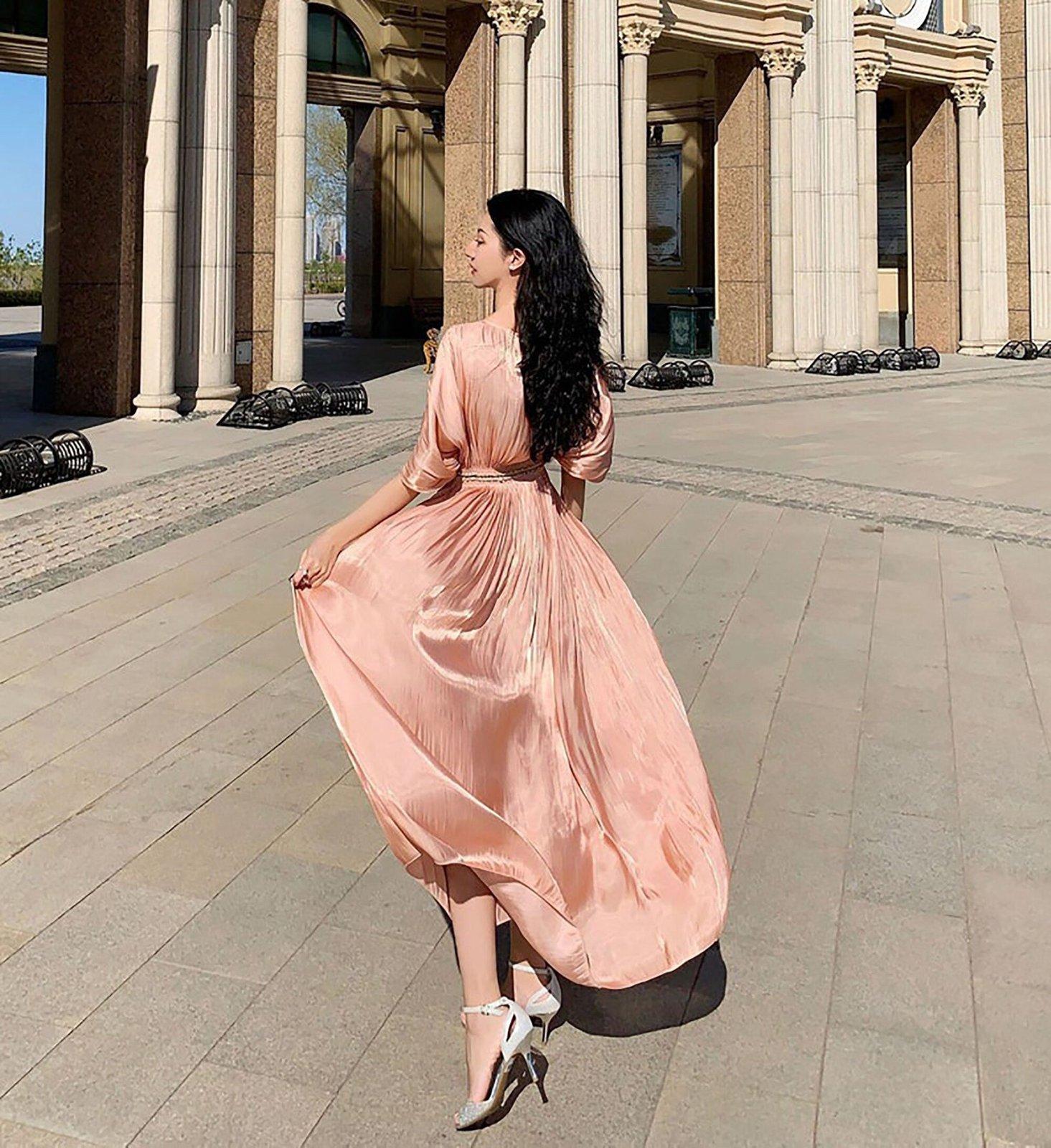 Short Sleeve V-Neck Pleated Maxi Dress | Vivian Seven