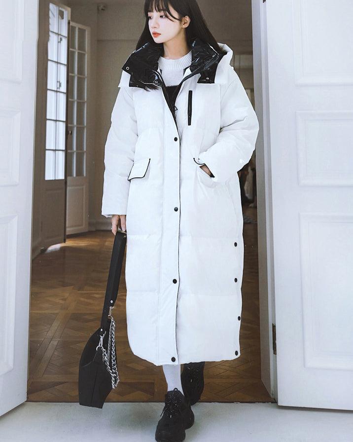 Women White Hooded Long Down Coat Warm Quilted Down Puffer Parka Oversize Black Winter Coat Vivian Seven