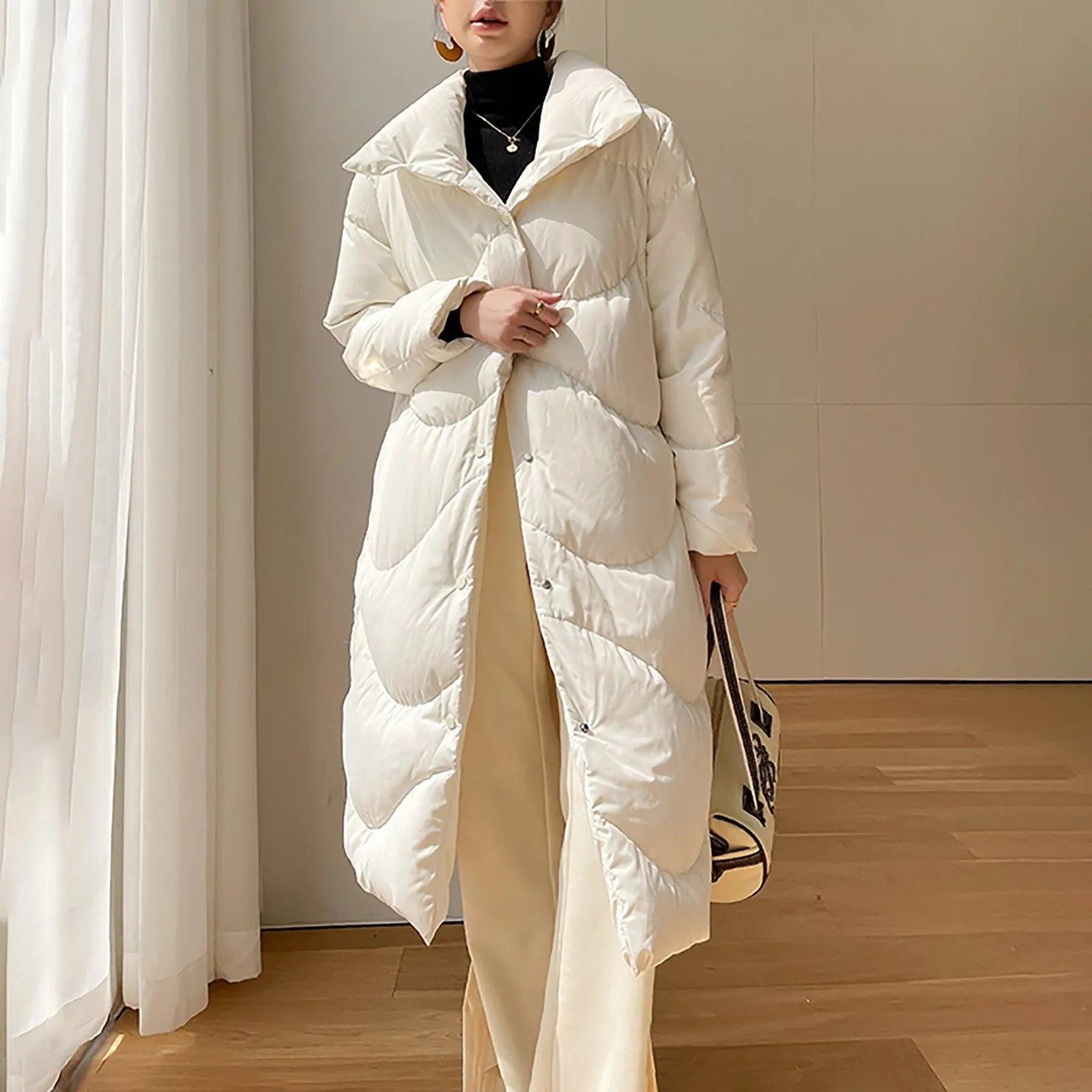 White Big Collar Front Slap Closure Long Down Puffer Coat – Vivian