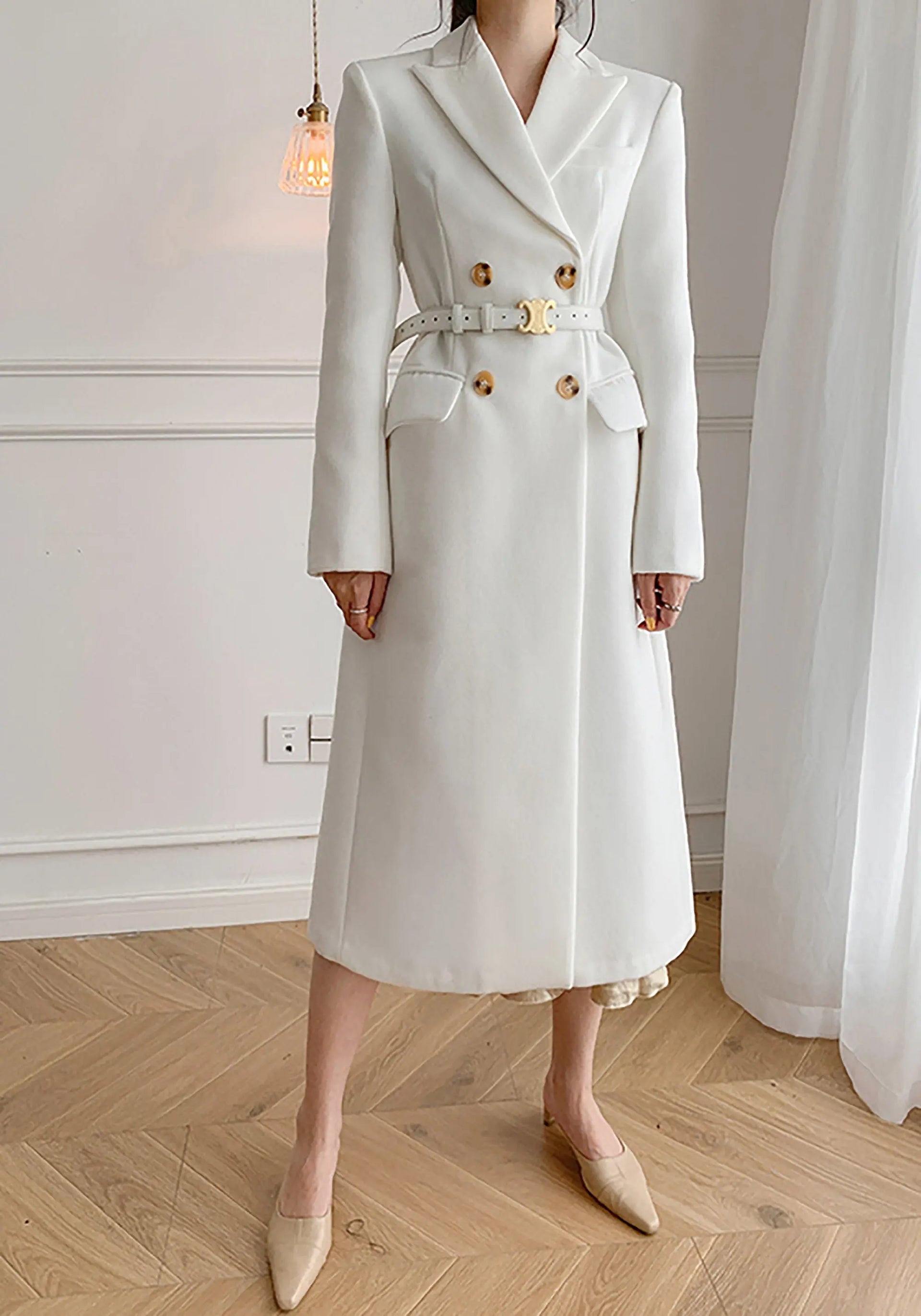 White Double Breasted Wool Blend Midi Coat