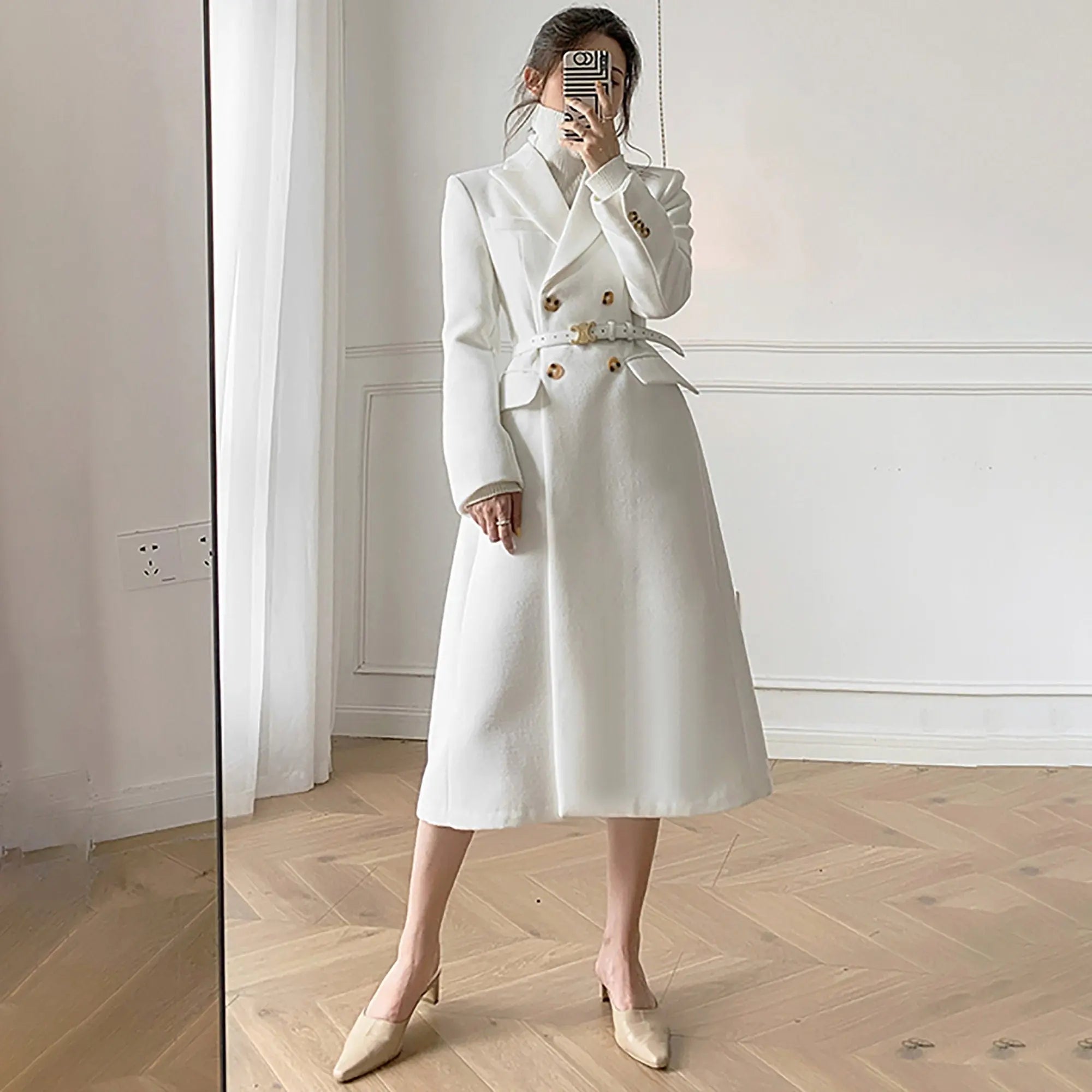 White Double Breasted Wool Blend Midi Coat | Vivian Seven M / Coat+Belt White Double Breasted Wool Blend Midi Coat | Vivian Seven M / Coat+Belt