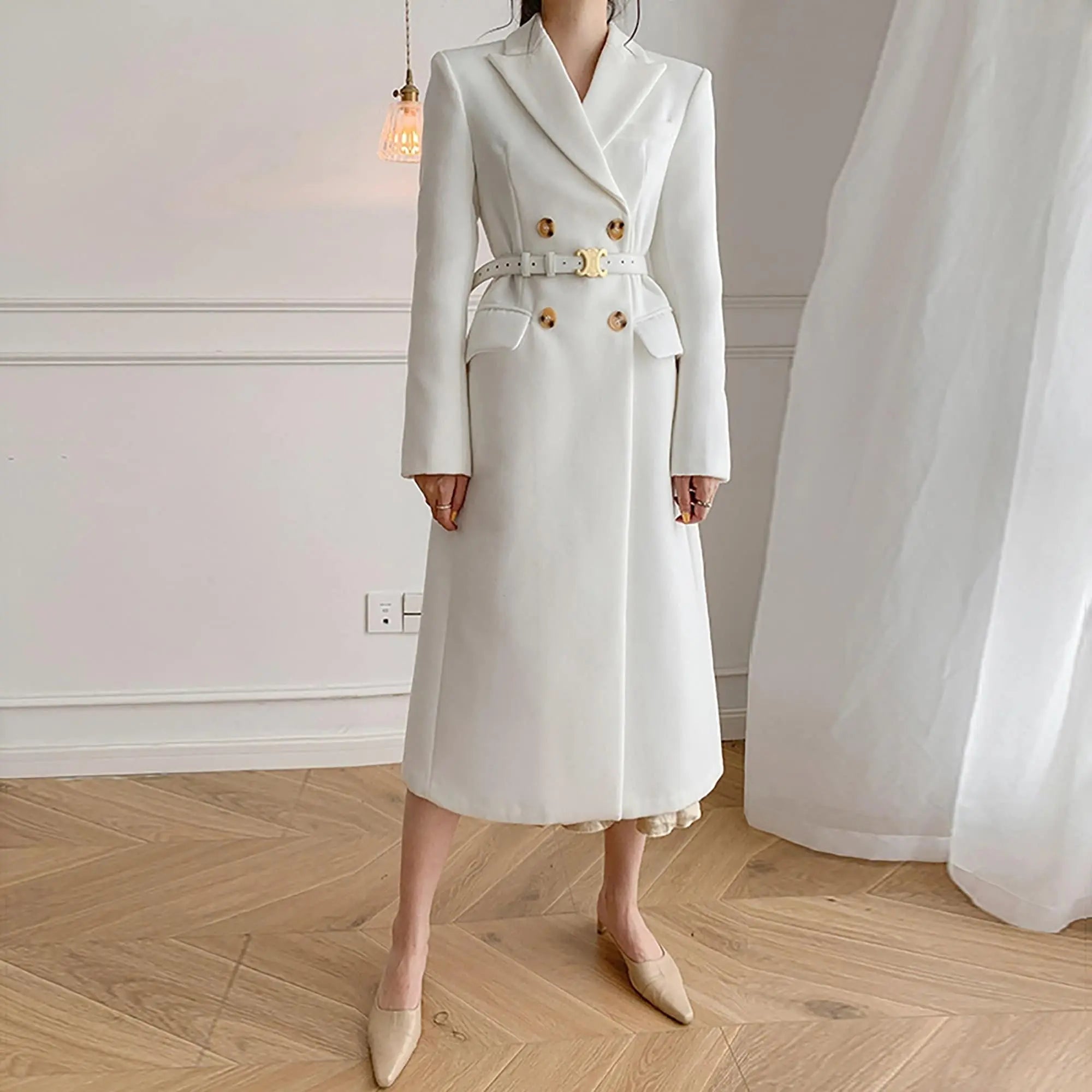Grace White Double Breasted Wool Blend Midi Coat