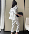 White Doodle Blazer & Crop Leg Pants Two-Piece Suit Vivian Seven
