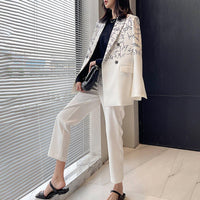 White Doodle Blazer & Crop Leg Pants Two-Piece Suit Vivian Seven