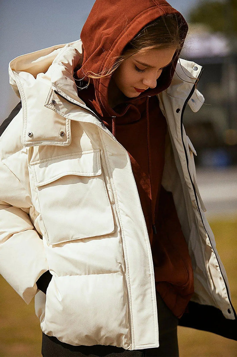 hooded white down jacket