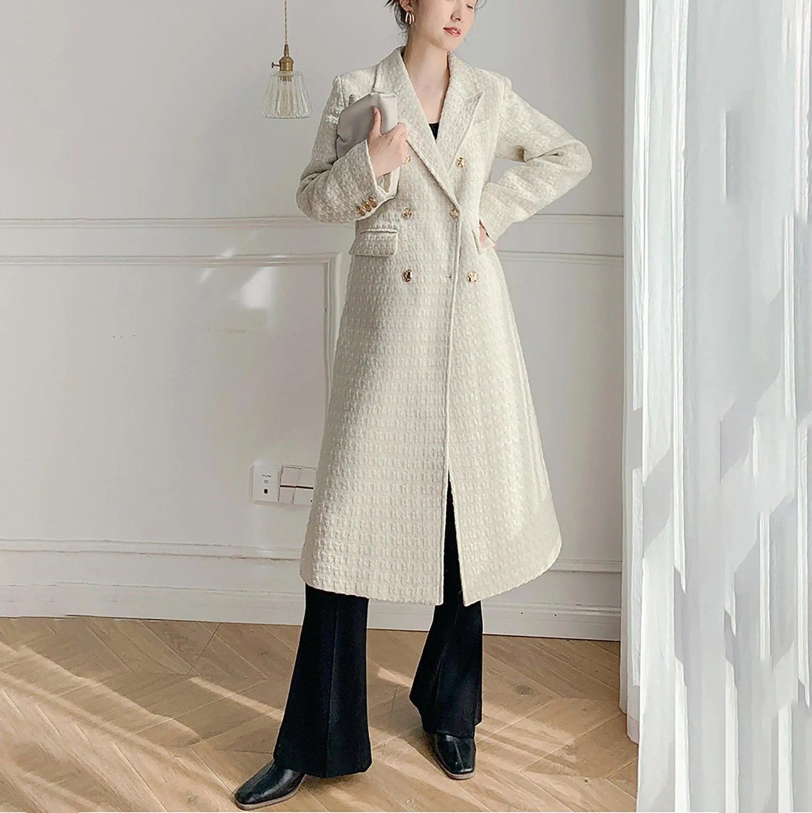 Women White Tweed Overcoat,Double breasted Coat,White Long 