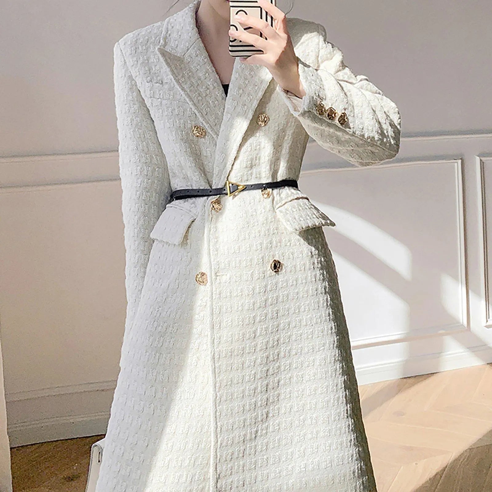 Women White Tweed Overcoat,Double breasted Coat,White Long Tweed Coat