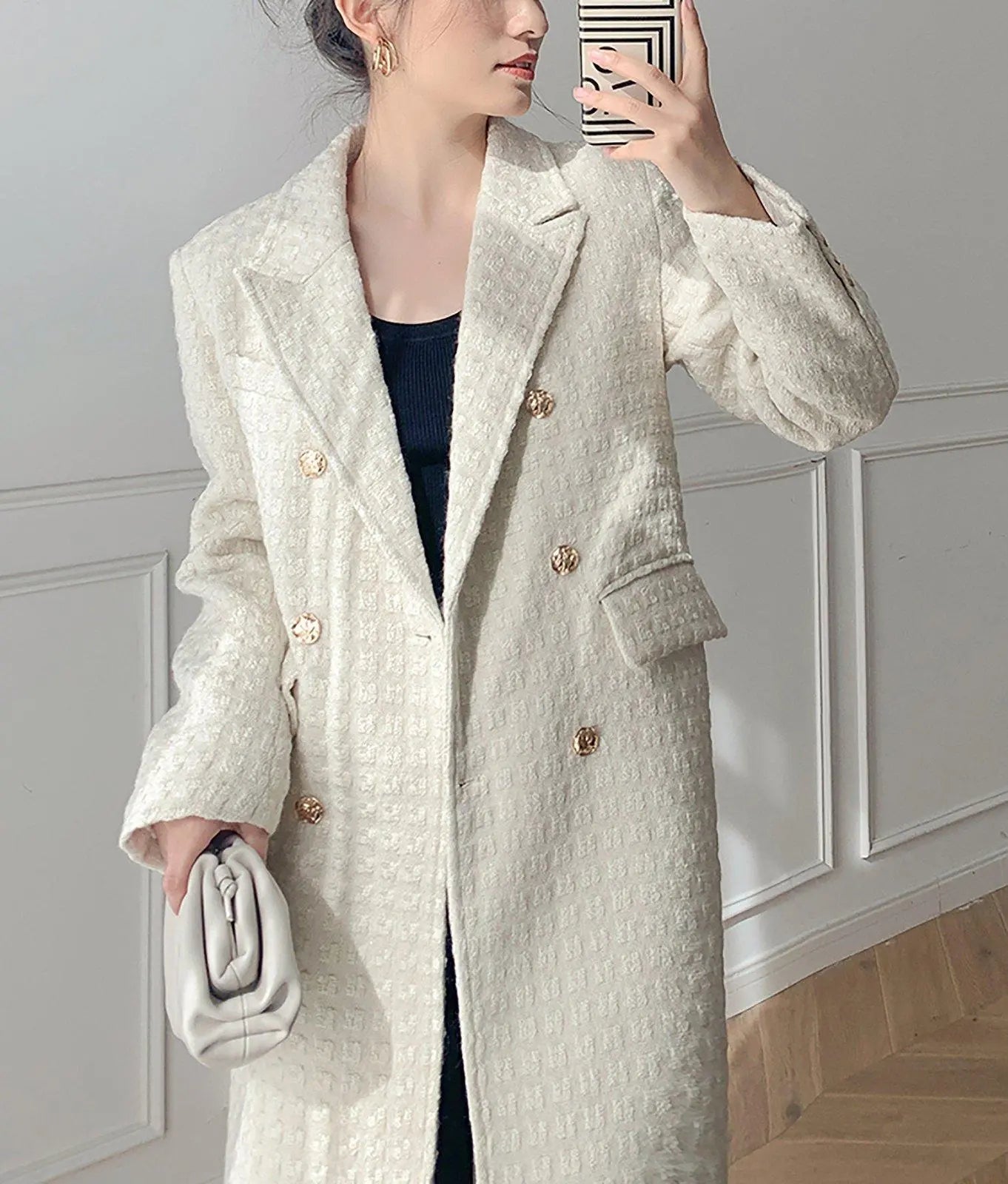 Women White Tweed Overcoat,Double breasted Coat,White Long 