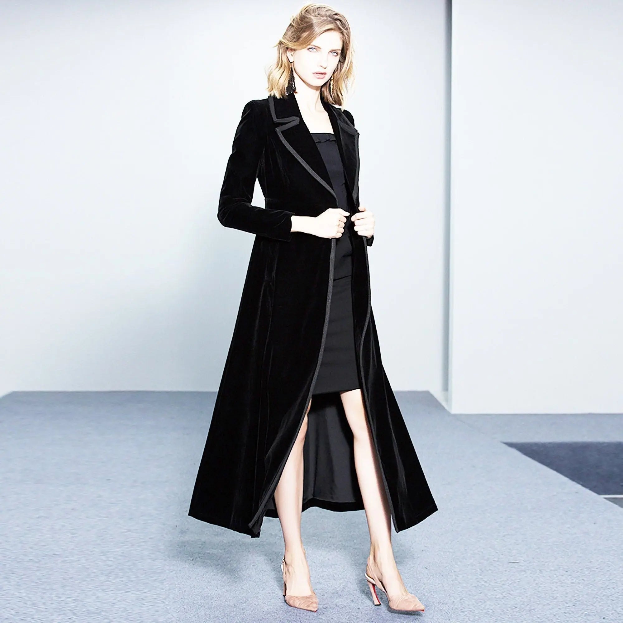 Black Velvet Fit Flare Long Trench Coat