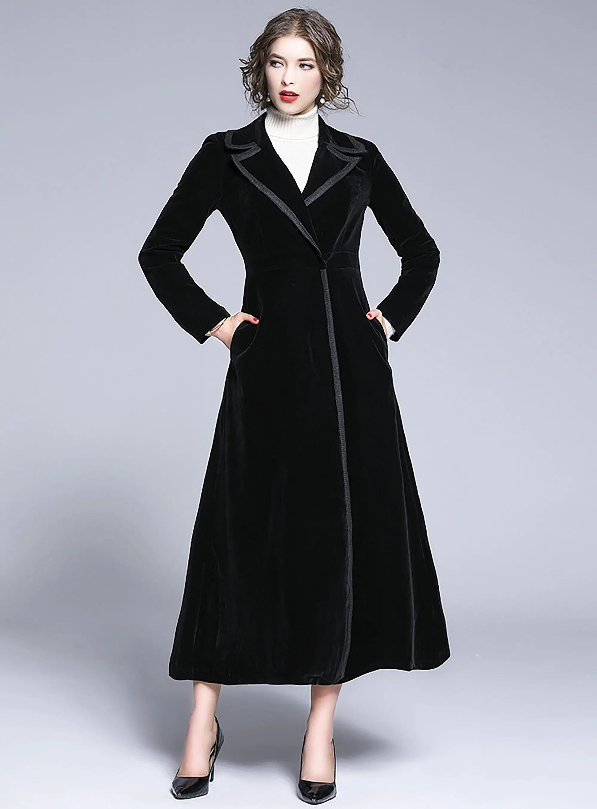 Women Winter Lapel Black Velvet Long Overcoat,Fall Trench Coat,Black Long Maxi Coat,Parka Overcoat Outwear,Blend Coat,overcoat female Vivian Seven