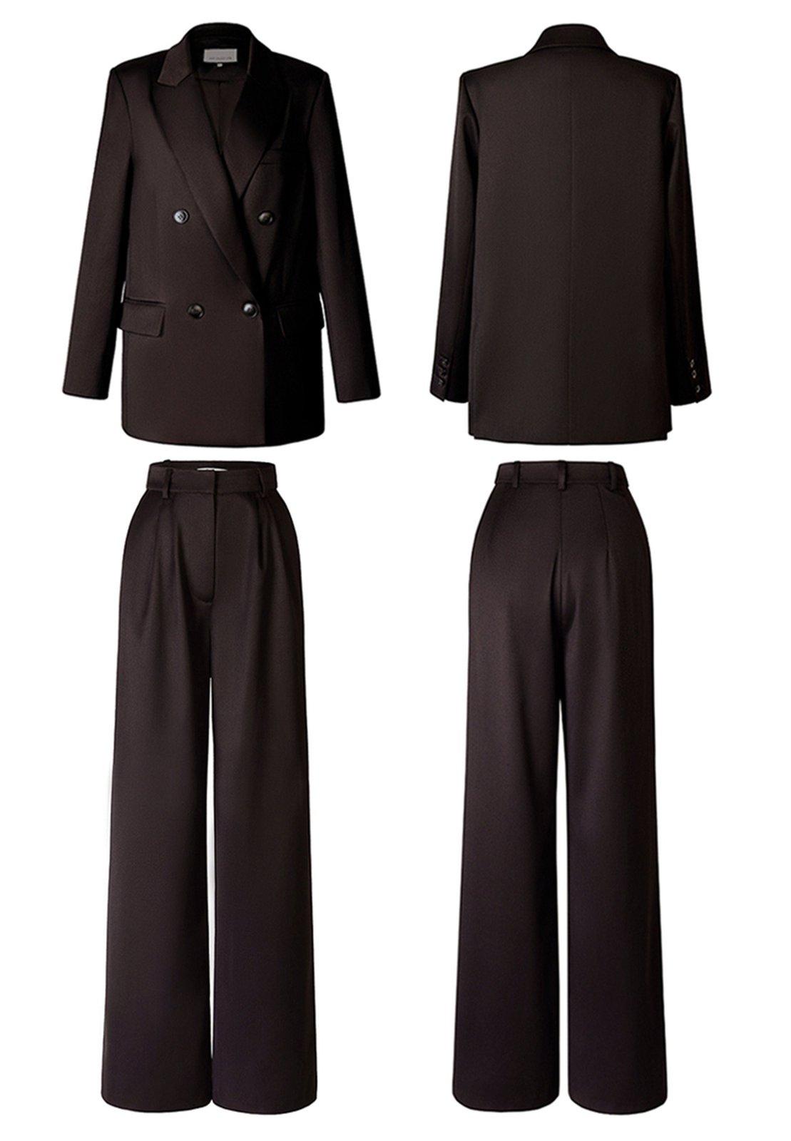 Women Wool Blazer Pants Sets,Black Woolen Suit Sets,Two Piece Sets,Double  Breasted Blazer+Wide Leg Pants Suit,Women Office Set,Women suits