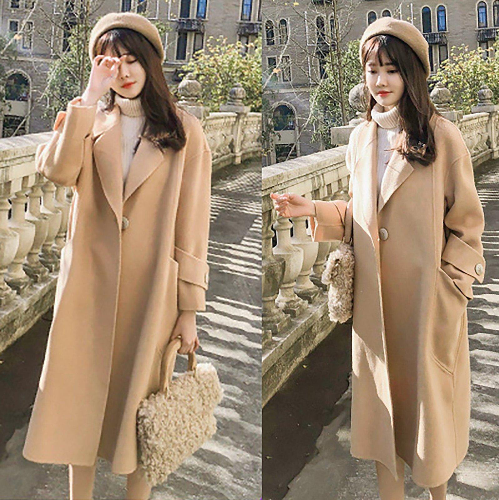 Women Wool Blend Coat duster cloth Over the knee Long Overcoat camel woolen  coat Fall Winter Wool Coat Oversize One button Trench outerwear