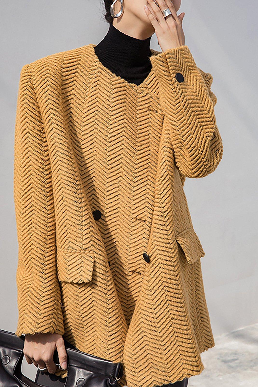 Women Wool Coat,Yellow Cardigan Wool Coat,Collarless Wool Coat,Striped Wool Coat,Autumn Wool Blazer,Winter wool coat,Oversize Wool Jacket Vivian Seven