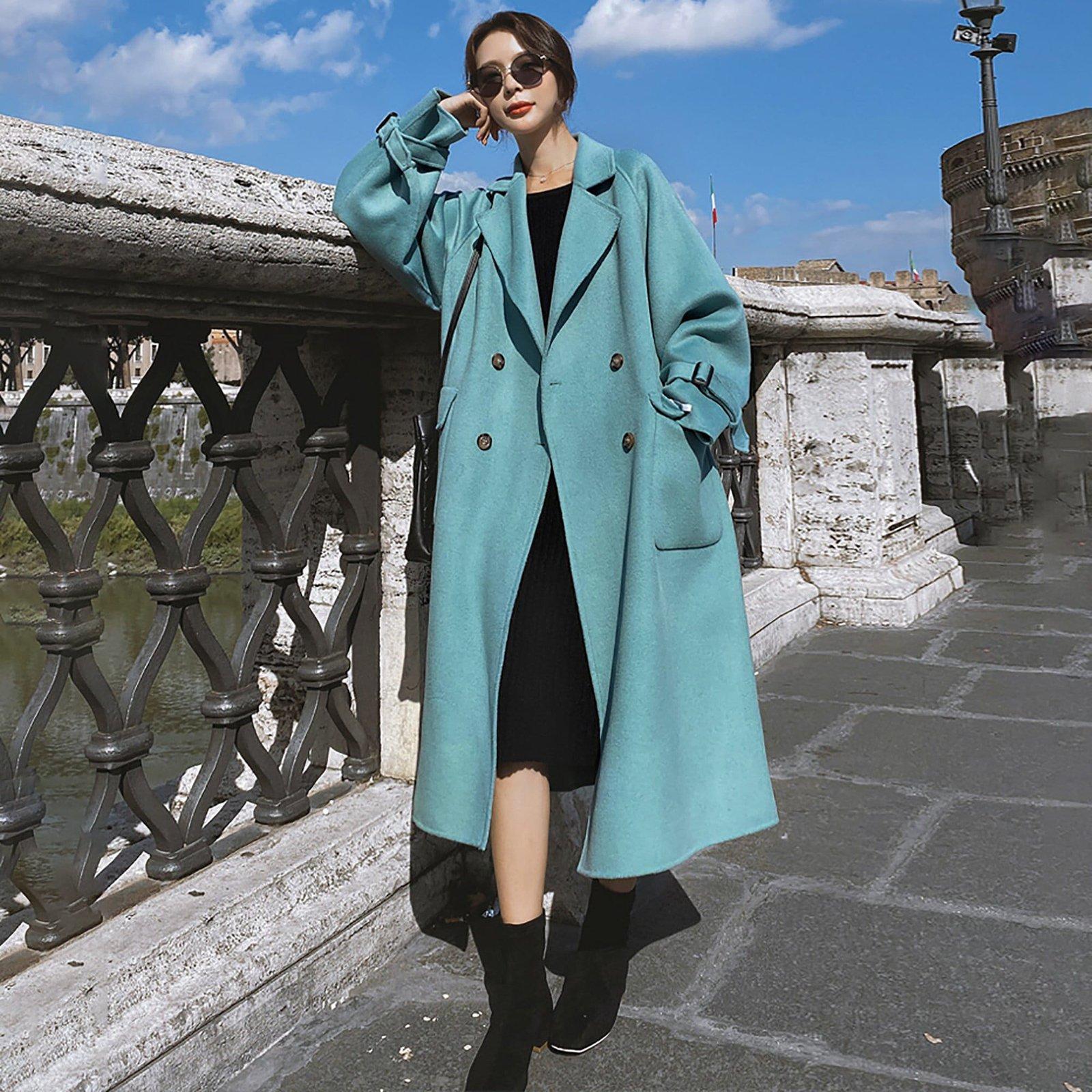 Women Wool Long Coat,Oversize Woolen Coat,Blue Long Wool Coat