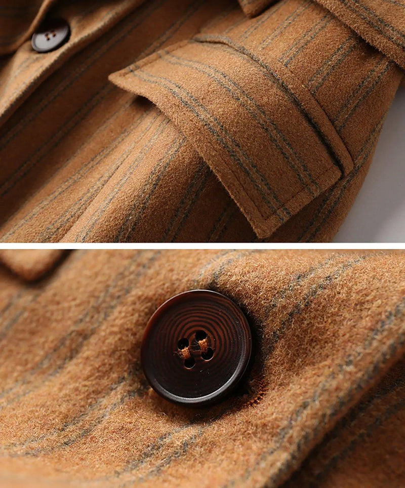 Striped Wool Blend Belted Flare Coat & Pants Two-Piece Set Vivian Seven