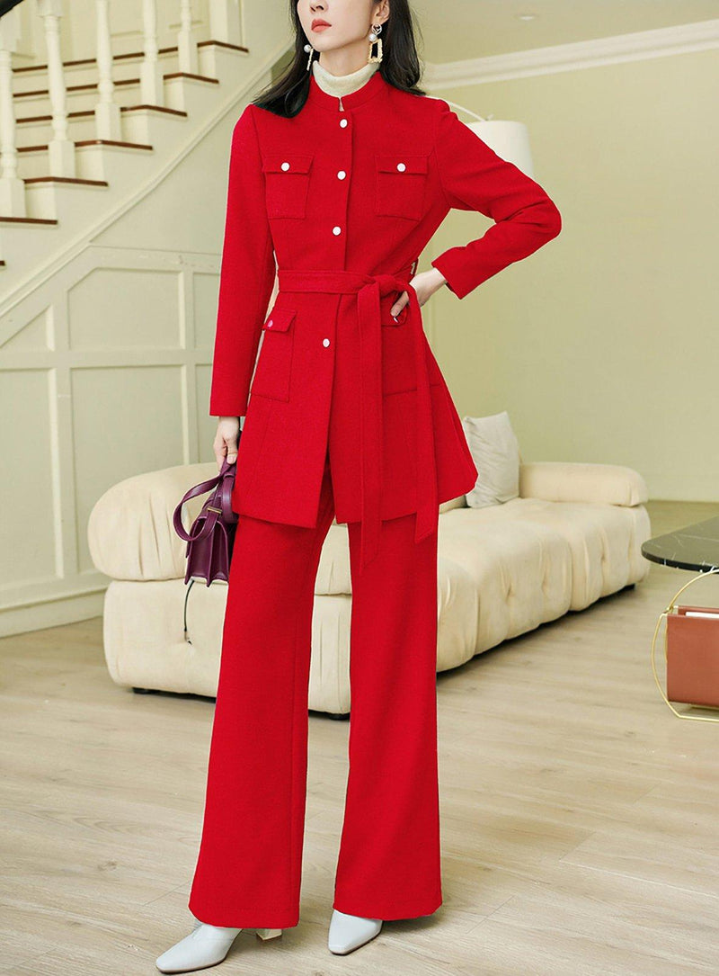 red wool blend jacket and pants set