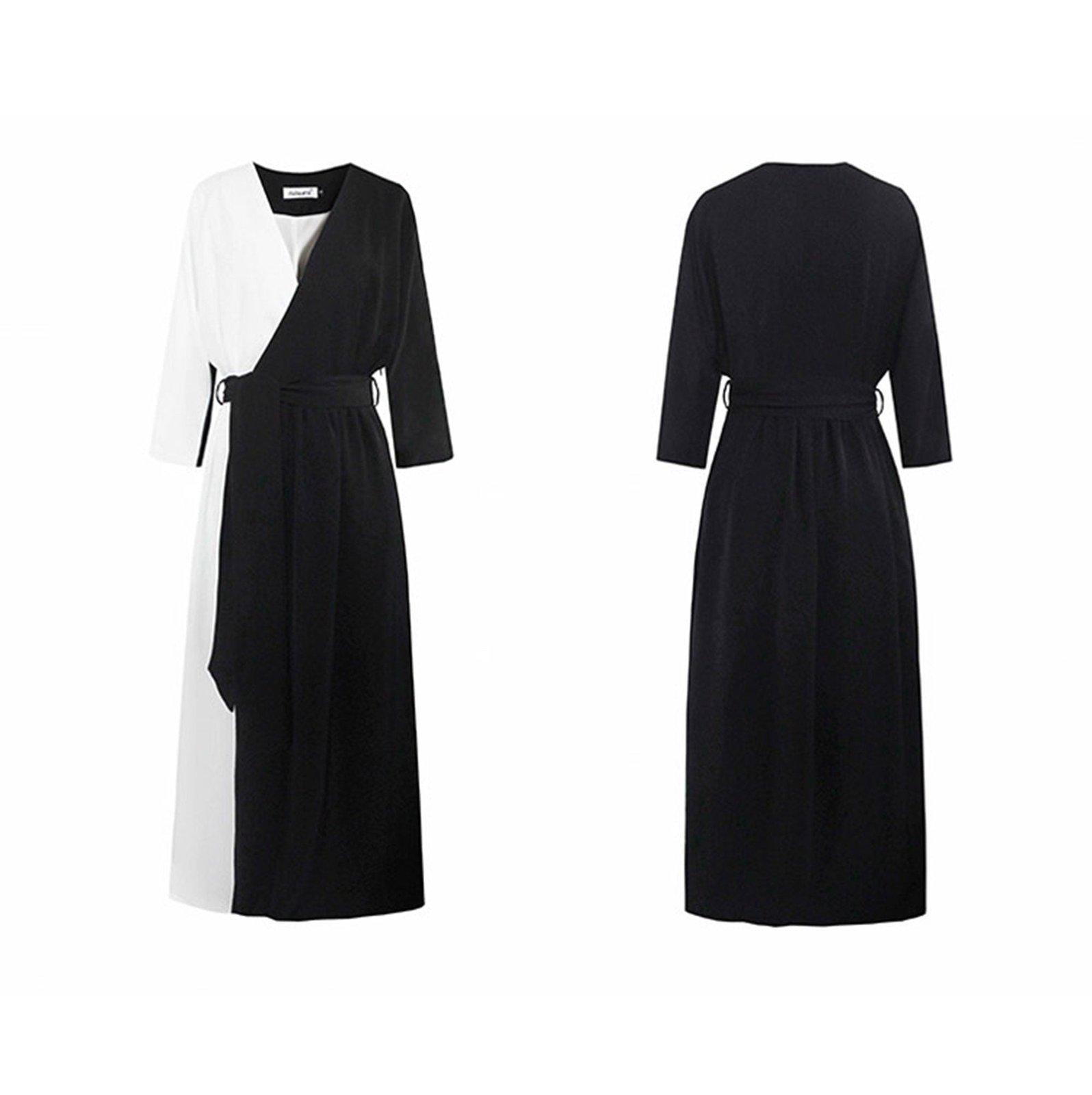 Colorblock Black White Long Sleeve Belted Maxi Dress Vivian Seven