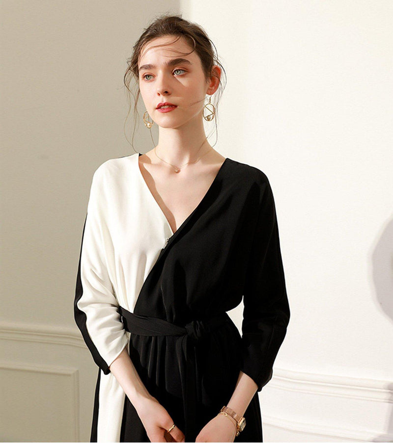 Colorblock Black White Long Sleeve Belted Maxi Dress Vivian Seven