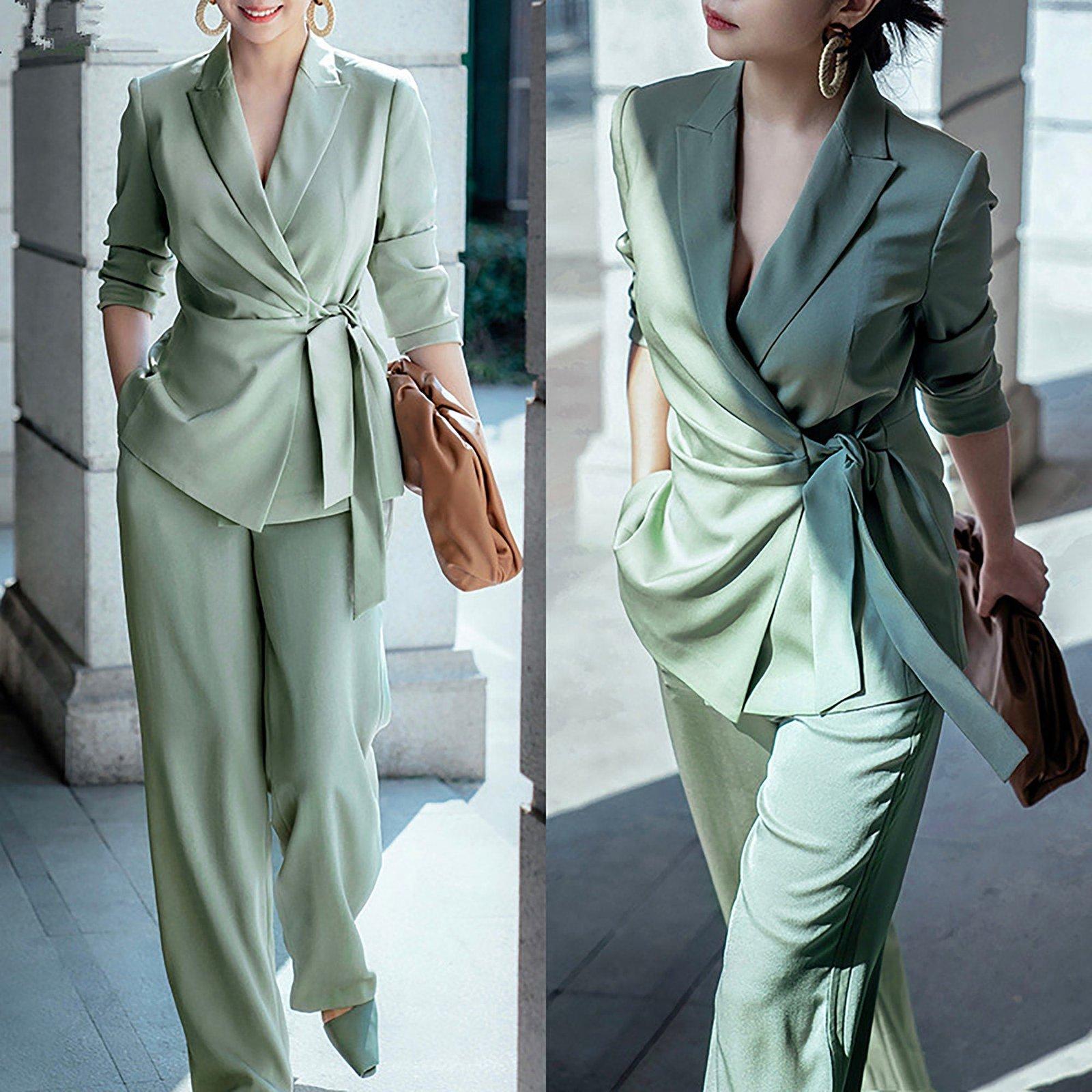 2 Piece Pant Outfits Silk Long Sleeve Belted Suit Sets for