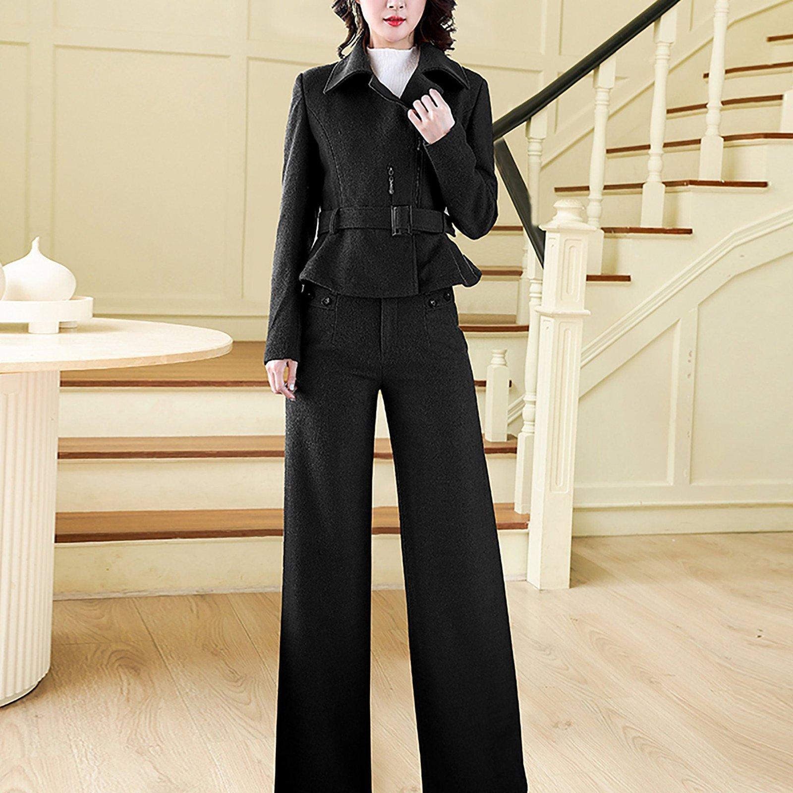 Black Wool Blend Belted Jacket & Wide Leg Pants Two-Piece Set ...