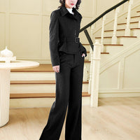 Black Wool Blend Belted Jacket & Wide Leg Pants Two-Piece Set Vivian Seven
