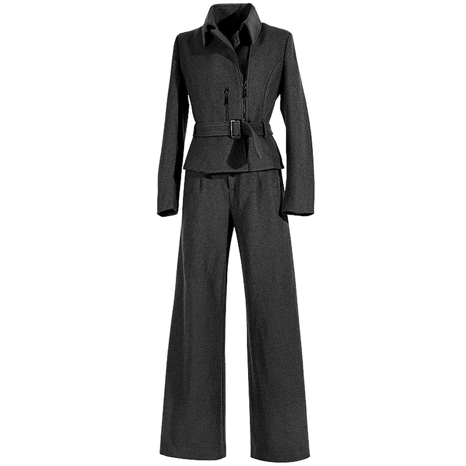 Black Special Occasions Pantsuit 2pc, Belted Suit Blazer With Wide