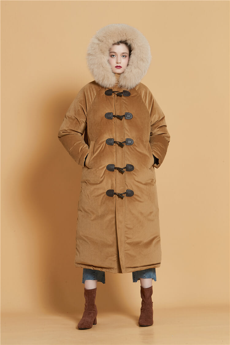 womens brown hooded fur down puffer long coat