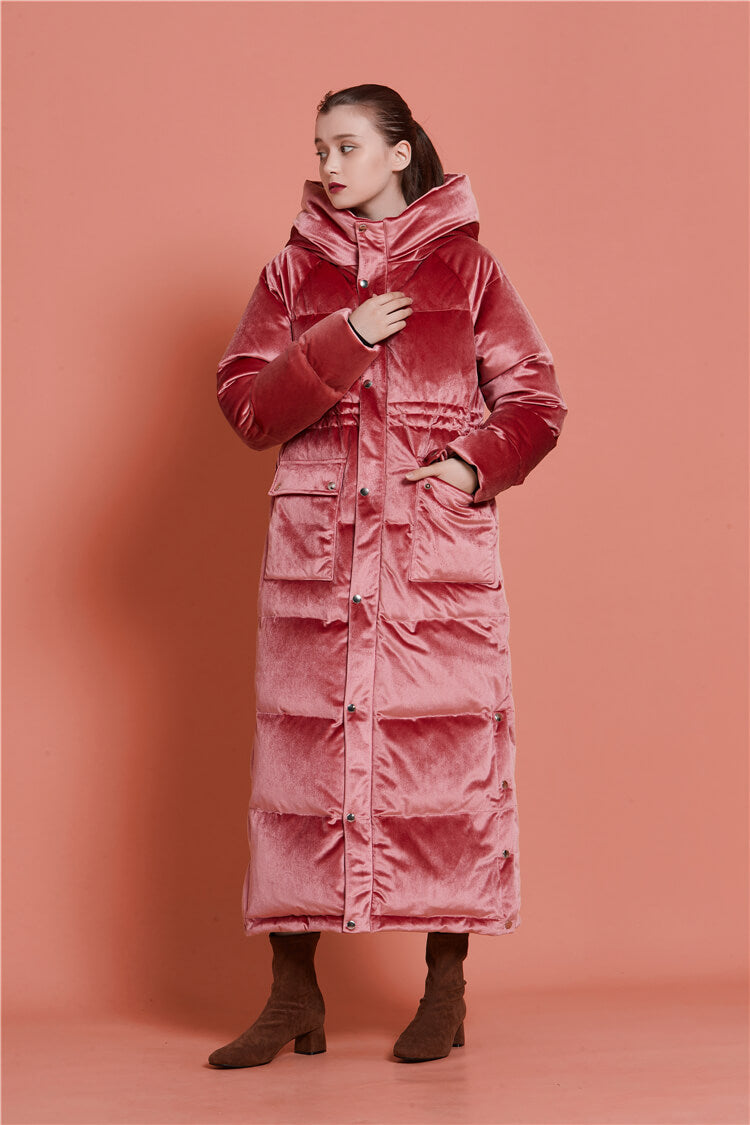 Long velvet best sale hooded coat