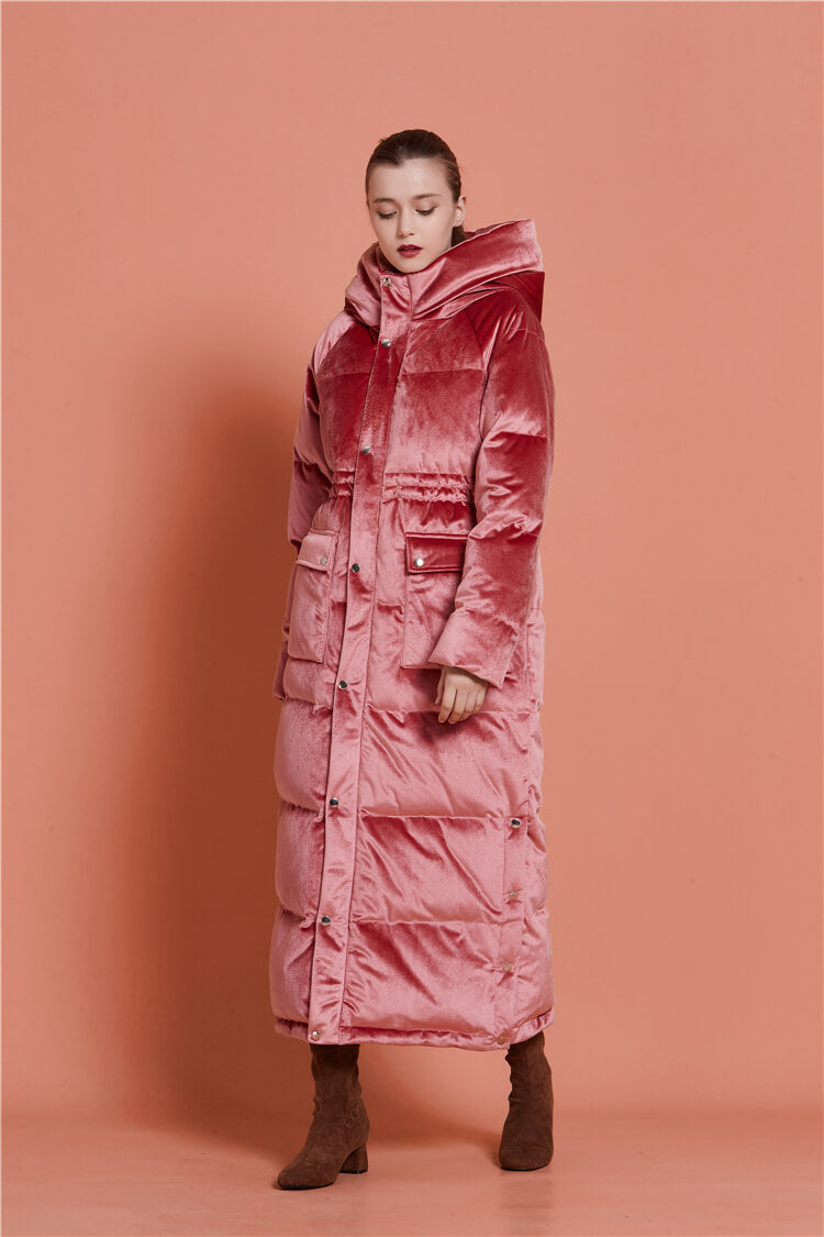 Women's Velvet Hooded Goose Down Puffer Maxi Coat | Vivian Seven