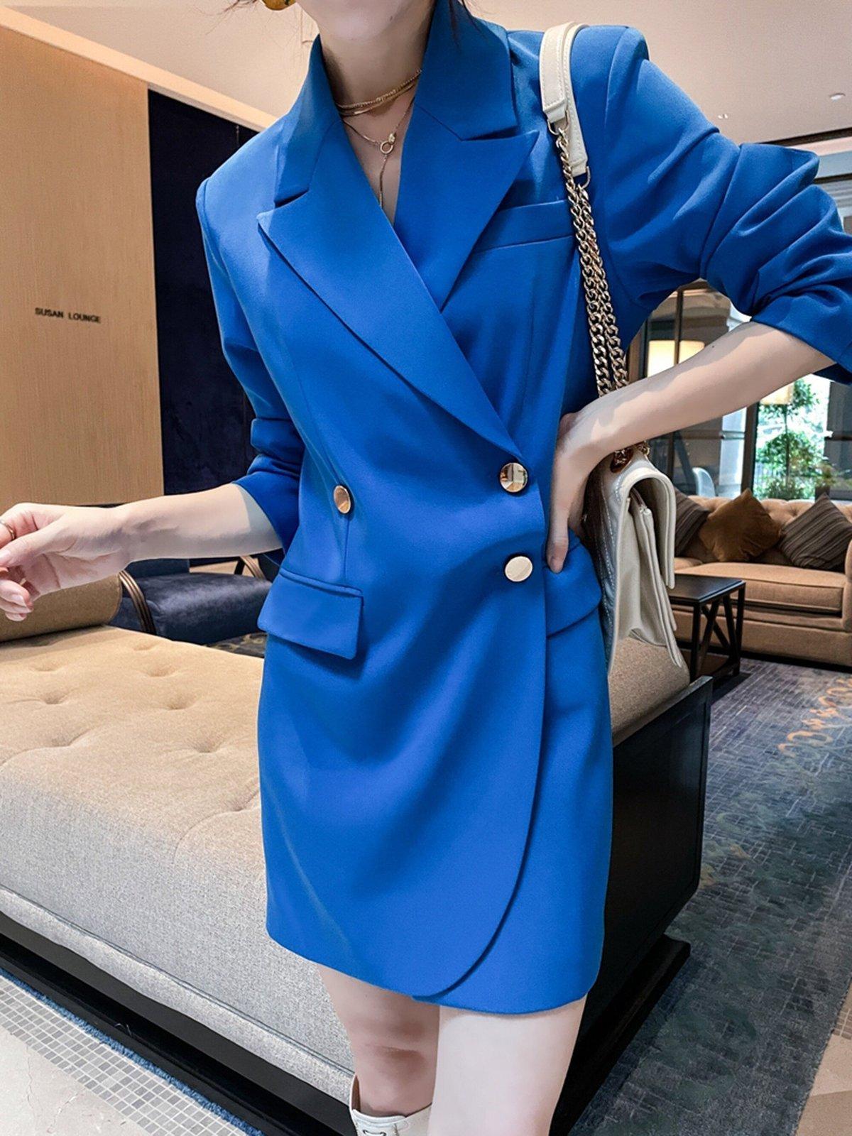 Women's Autumn folds asymmetrical Trench Dress Coat,Blue Double breasted loose suit Long jacket,Fall coat for women Blazer Dress Outerwear Vivian Seven