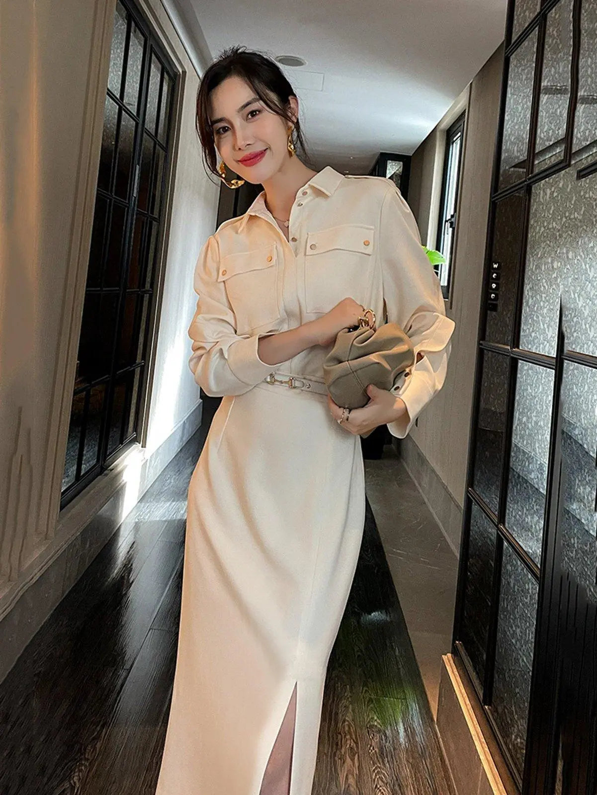 Ivory Long Sleeve Belted Corset Midi Dress | Vivian Seven XS / Ivory Ivory Long Sleeve Belted Corset Midi Dress | Vivian Seven XS / Ivory