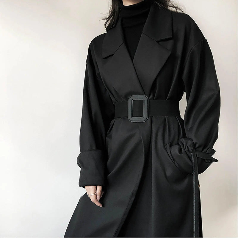 Women's Black Long Trench Coat,Fall Coat for Women,Autumn Winter Coat,Belted Over the knee Coat, Long Windbreaker,Women's Outerwear Vivian Seven