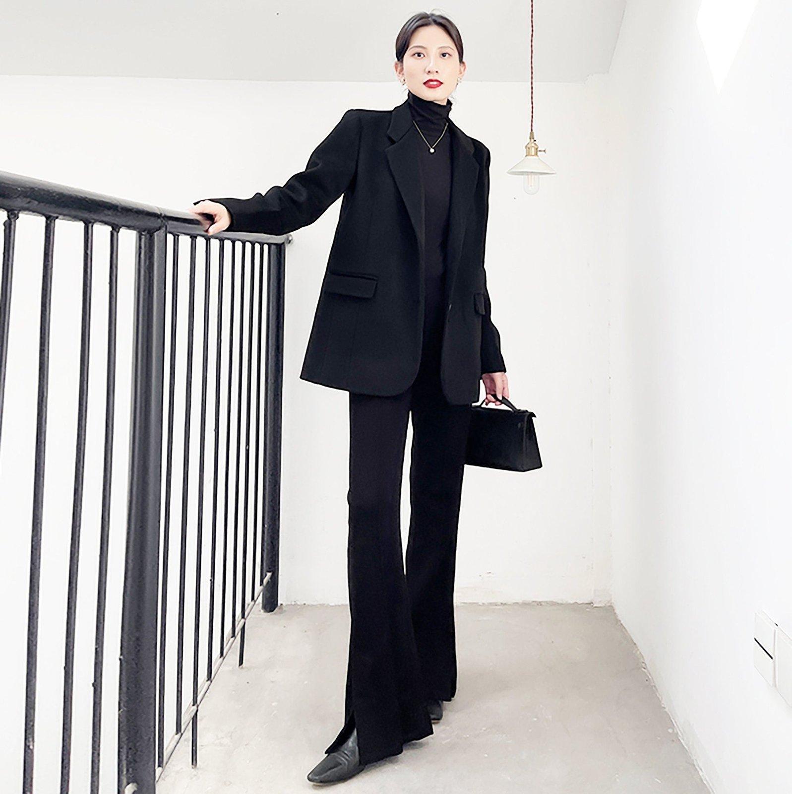 Women's Black Oversize woolen blazer,Vintage casual loose